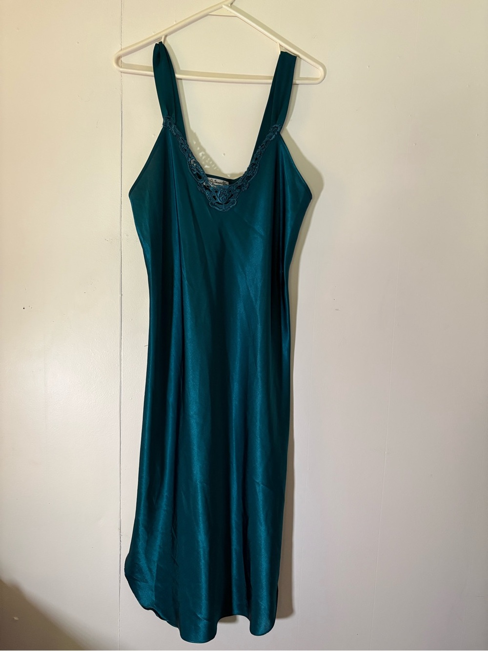 Elegant Teal Satin Slip with Lace V-Neck